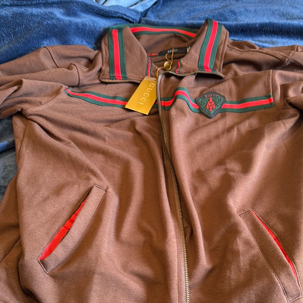 Faux Gucci Brown Jacket with Red and Green Accents